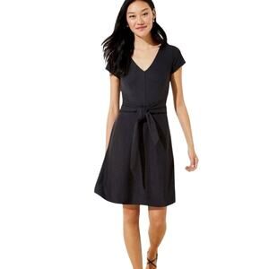Loft V Neck, Soft striped, Belt to front/ back, Black Dress, Size 12, Pockets